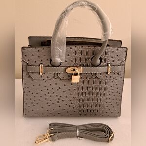 Croc/Ostrich Embossed Gray Tote W/Gold Lock & Hardware, Shoulder Strap Included!